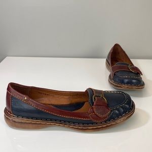 Born Womens Leather Two Tone Brown and Navy Buckle Loafers Size 8.5